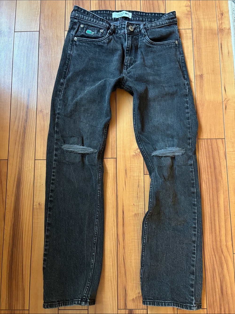 Lacoste Men's Black Straight-Leg Jeans with Knee Distress